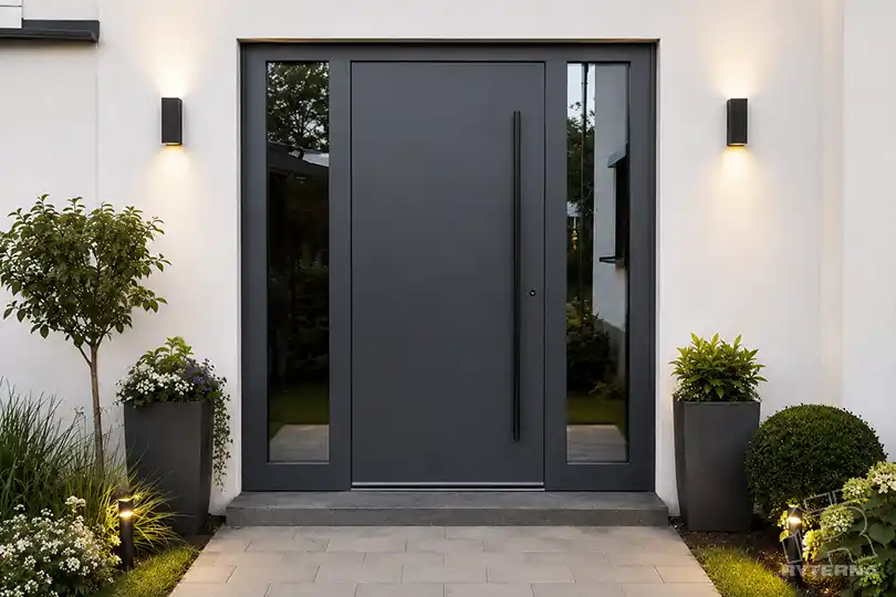 Contemporary dark grey Ryterna front door with a long handle and full-height glazed side panels